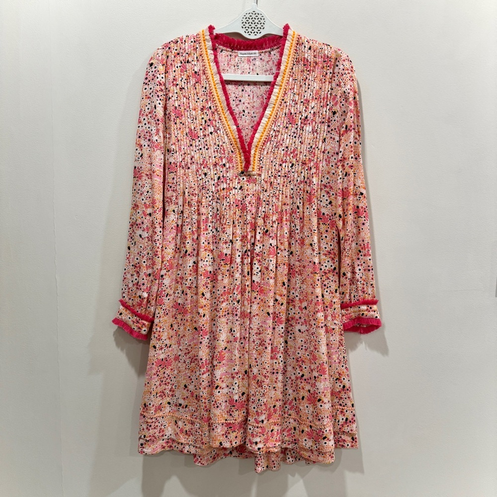 POUPETTE ST BARTH Boho Fringe Trim Mini Ola Dress Long Sleeve Size S - Picture 7 of 11